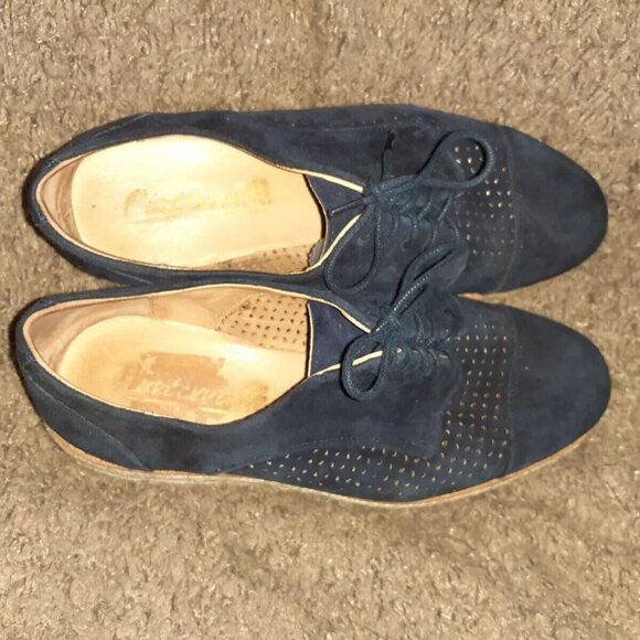 L'INTERVALLE-Spain-Perforated Blue Suede Espadrille Flatforms-Sz 7-Excellent - Picture 5 of 6